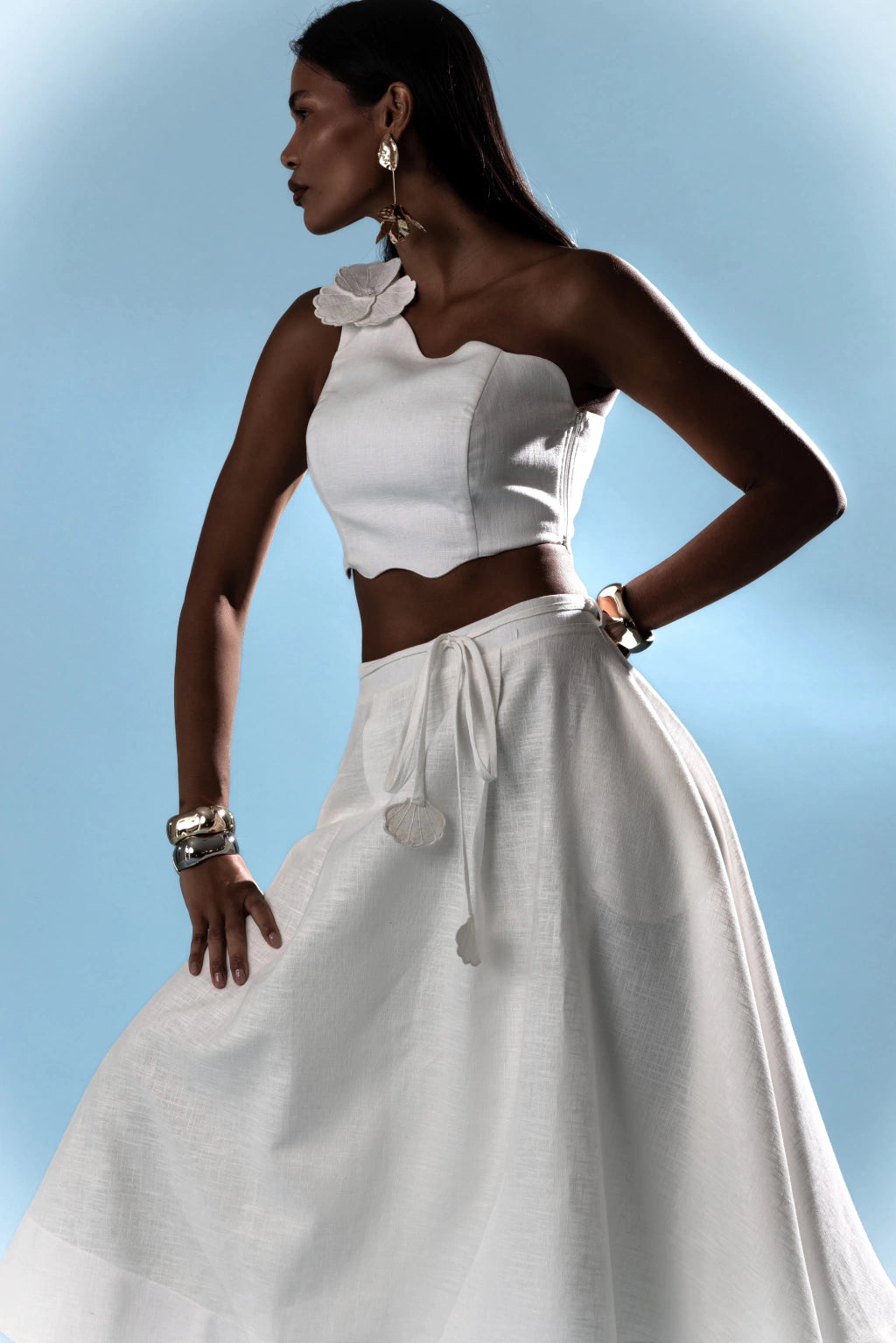 Conjunto Top & Saia Midi cor Bege